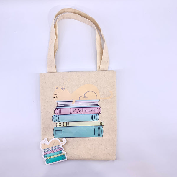 Bookstack Cat Tote Bag