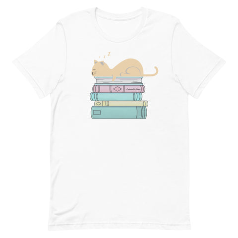 Cat and Book Stack T-shirt
